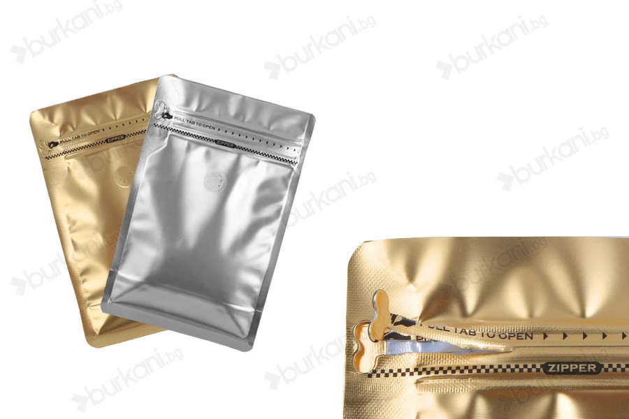 Алуминиеви торбички тип Doy Pack 130x70x200 мм с клапан, затваряне с цип и възможност за термозапечатване - 25 бр.-изображение_група
