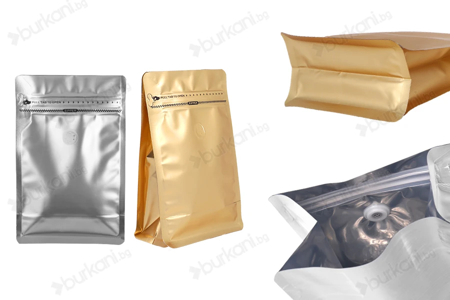 Алуминиеви торбички тип Doy Pack 130x70x200 мм с клапан, затваряне с цип и възможност за термозапечатване - 25 бр.-изображение_продукт