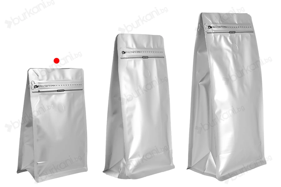 Алуминиеви торбички тип Doy Pack 130x70x200 мм с клапан, затваряне с цип и възможност за термозапечатване - 25 бр.-изображение_група