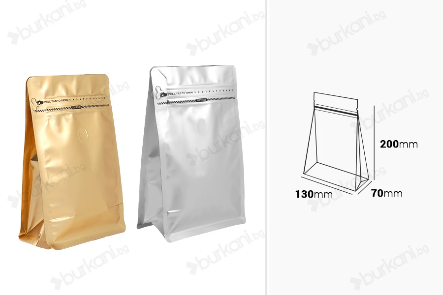 Алуминиеви торбички тип Doy Pack 130x70x200 мм с клапан, затваряне с цип и възможност за термозапечатване - 25 бр.-изображение_размери