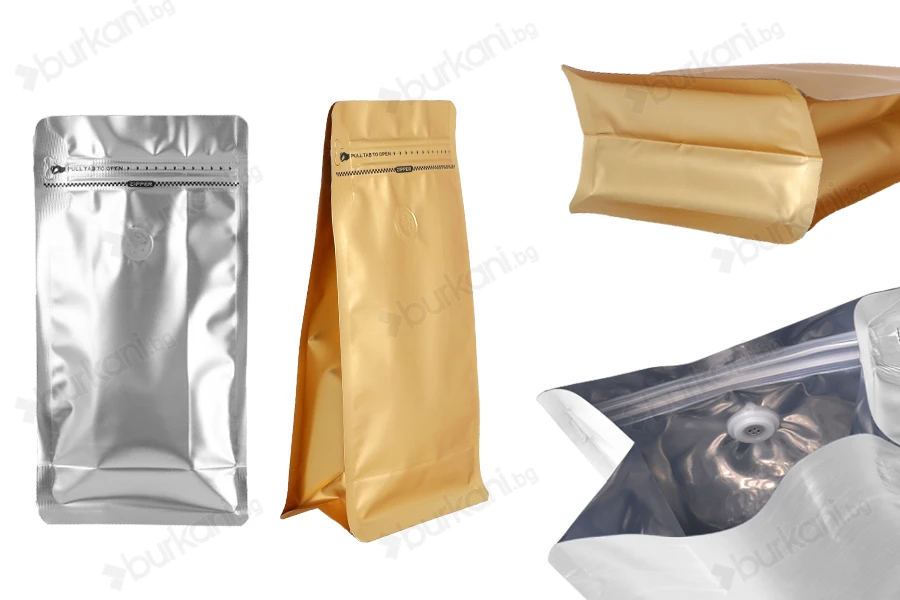 Алуминиеви торбички тип Doy Pack 135x75x265 мм с клапан, затваряне с цип и термозаваряване - 25 бр.-изображение_продукт