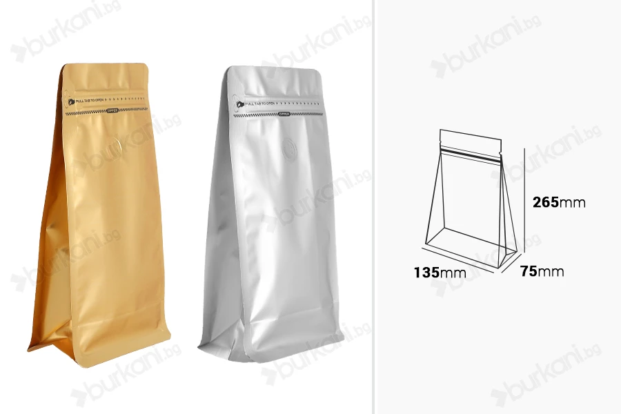 Алуминиеви торбички тип Doy Pack 135x75x265 мм с клапан, затваряне с цип и термозаваряване - 25 бр.-изображение_размери