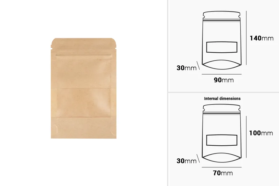 Пликове дой пак с размери 90x30x140 mm от крафт хартия , с цип и с прозорец, вътрешна и външна прозрачна облицовка - 100 бр. Пликове дой пак с размери 90x30x140 mm от крафт хартия , с цип и с прозорец, вътрешна и външна прозрачна облицовка - 100 бр.-изображение_размери