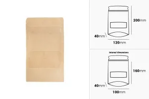 Пликове Крафт ДОЙ ПАК  с размери  120x40x200 mm, с цип, прозорец, - 100 бр.-2