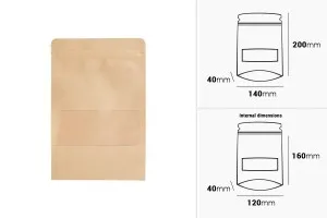 Пликове Крафт тип ДОЙ ПАК с размери 140x40x200 mm, с цип, с  прозорец, вътрешна и външна прозрачна облицовка - 100 бр.-2