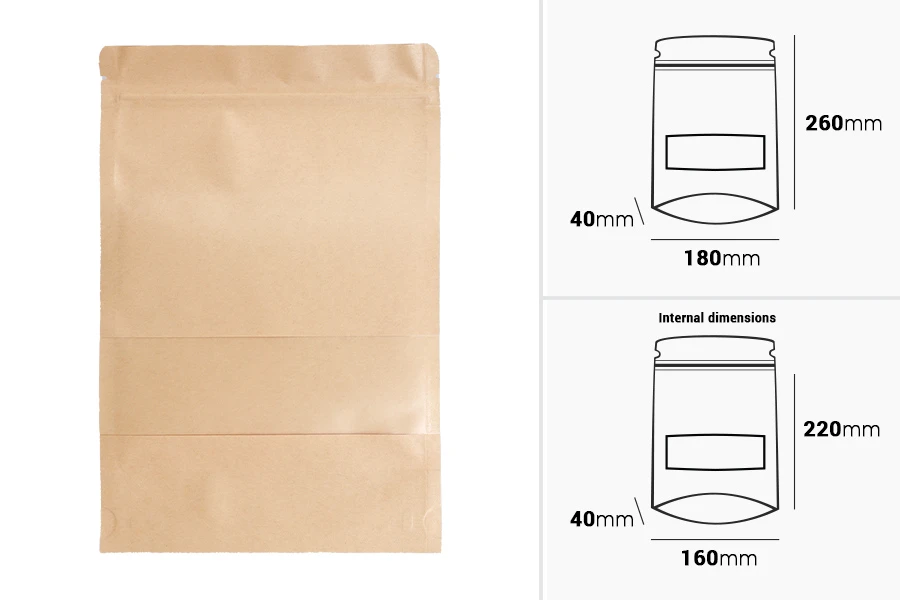 Хартиени торбички тип ДОЙ ПАК с прозорец 180x40x260 mm - 100 бр. Хартиени торбички тип ДОЙ ПАК с прозорец 180x40x260 mm - 100 бр.