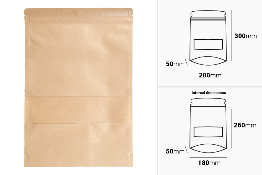 Крафт торбички тип Doy Pack 200x50x300 mm, с цип, прозорец, - 100 бр.