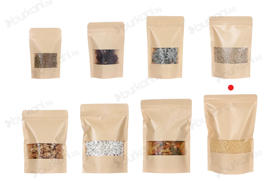Крафт торбички тип Doy Pack 200x50x300 mm, с цип, прозорец, - 100 бр.-изображение_група