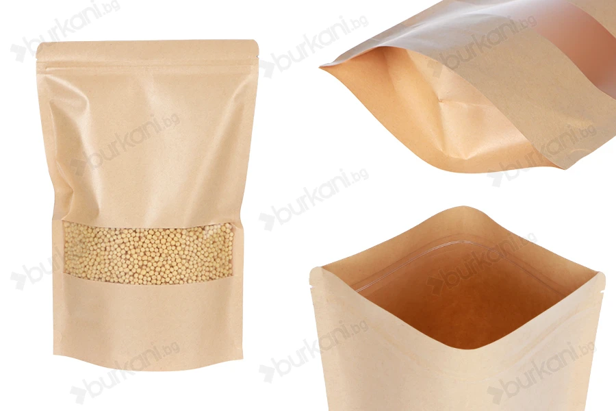 Крафт торбички тип Doy Pack 200x50x300 mm, с цип, прозорец, - 100 бр.-изображение_продукт