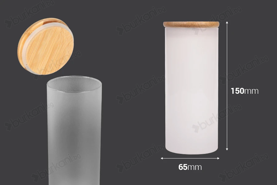 Стъклени буркани с размер  65x150 mm  с дървена херметическа капачка-изображение_размери