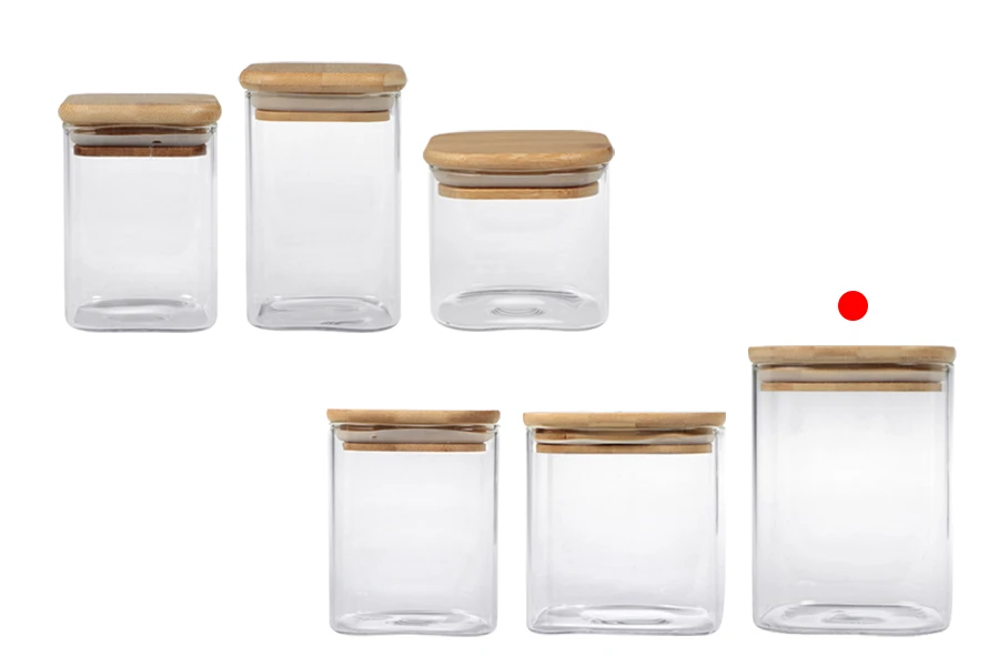 Стъклен квадратен буркан 830 мл с дървена капачка-изображение_група