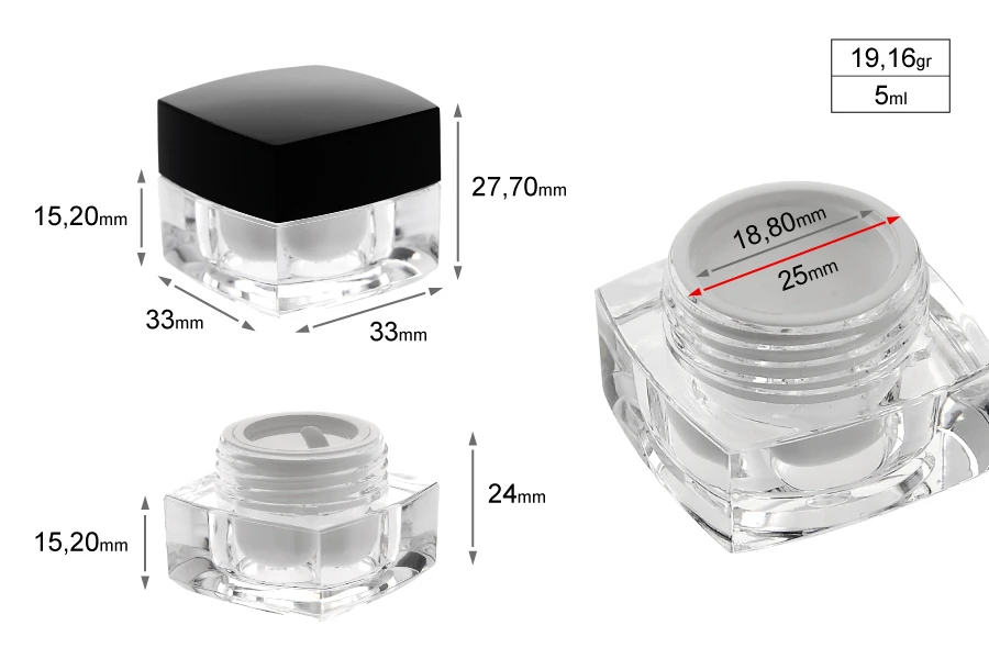 Луксозни акрилни бурканчета за крем 5 мл с черна капачка-изображение_група
