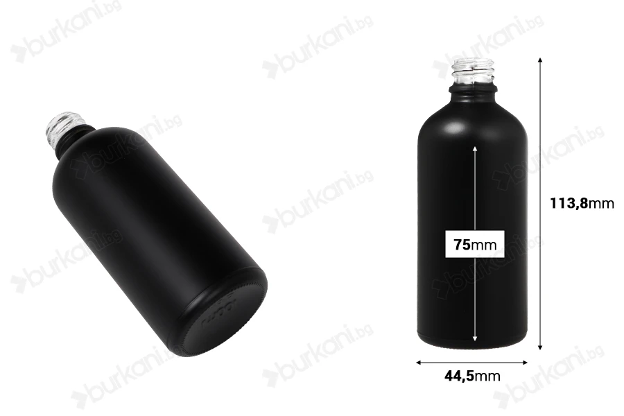 Стъклена черна матова бутилка 100 мл за етерични масла с гърловина PP18-изображение_размери