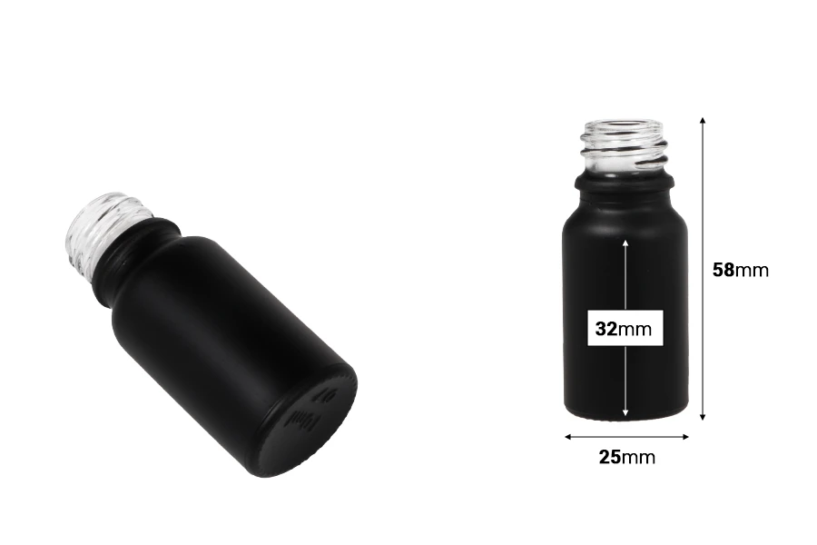 Стъклена черна матова бутилка за етерични масла 10 мл с гърловина PP 18 Стъклена черна матова бутилка за етерични масла 10 мл с гърловина PP 18-изображение_размери