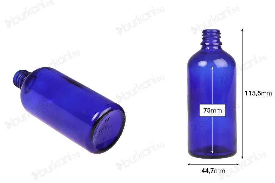 Стъклена синя бутилка 100 мл за етерични масла с гърловина  PP18-изображение_размери