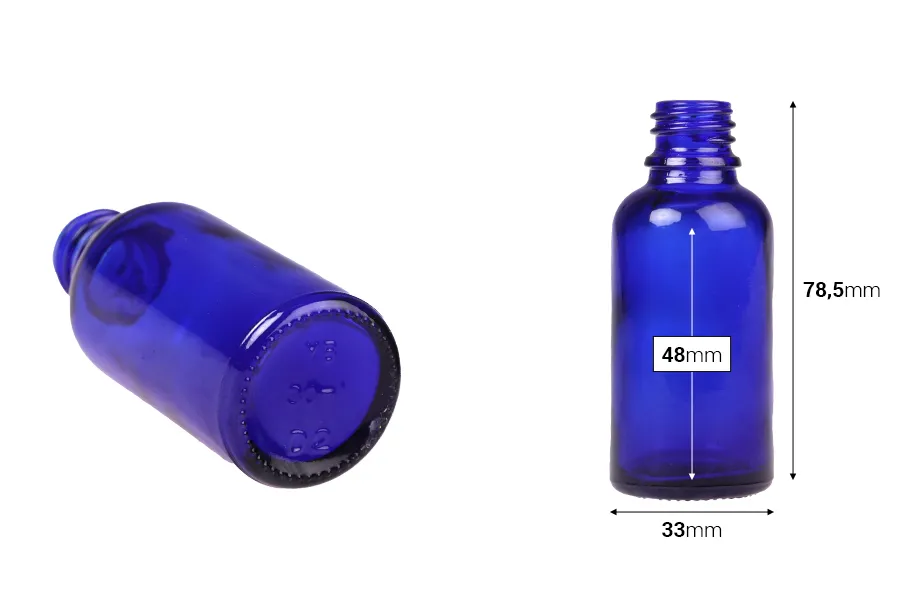 Стъклена синя бутилка 30 ml за етерични масла, с гърловина PP18 Стъклена синя бутилка 30 ml за етерични масла, с гърловина PP18
