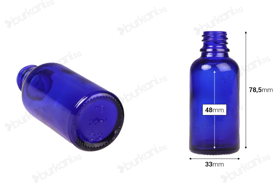 Стъклена синя бутилка 30 ml за етерични масла, с гърловина  PP18-изображение_размери