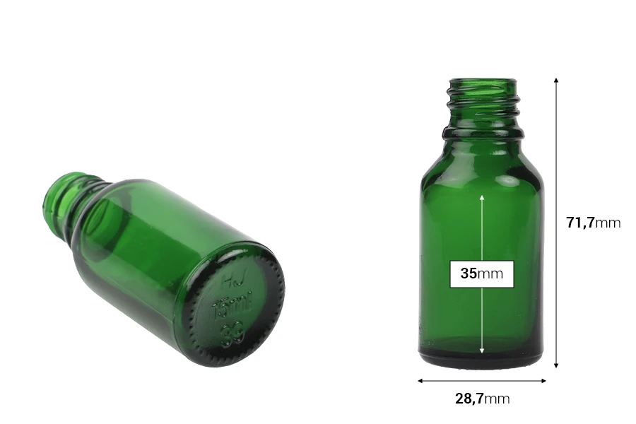 Стъклена зелена бутилка за етерични масла 15 мл с гърловина PP18-изображение_размери