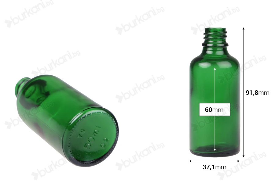 Зелена бутилка за етерични масла  50 ml с гърловина  PP18-изображение_размери