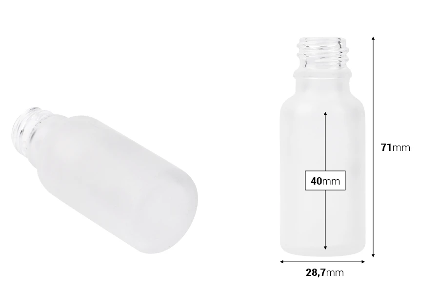 Стъклена Матова бутилка 20 мл за етерични масла с гърловина PP18 Стъклена Матова бутилка 20 мл за етерични масла с гърловина PP18-изображение_размери