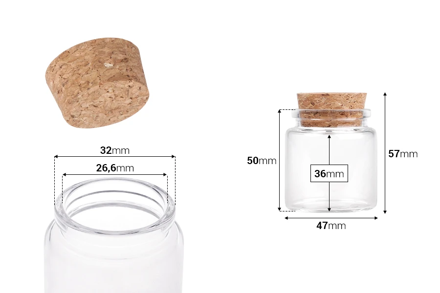 Малки стъклени шишета с коркова тапа 50 мл, с размер  47x50-изображение_размери