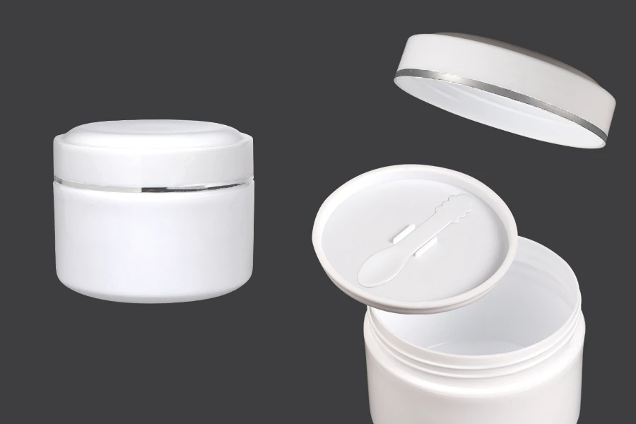 Пластмасов бял буркан за крем 200 мл с чаена лъжичка и пластмасово уплътнение - 12 бр.-изображение_продукт