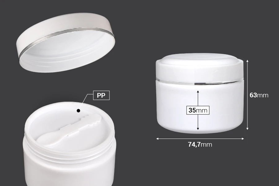 Пластмасов бял буркан за крем 200 мл с чаена лъжичка и пластмасово уплътнение - 12 бр.-изображение_размери