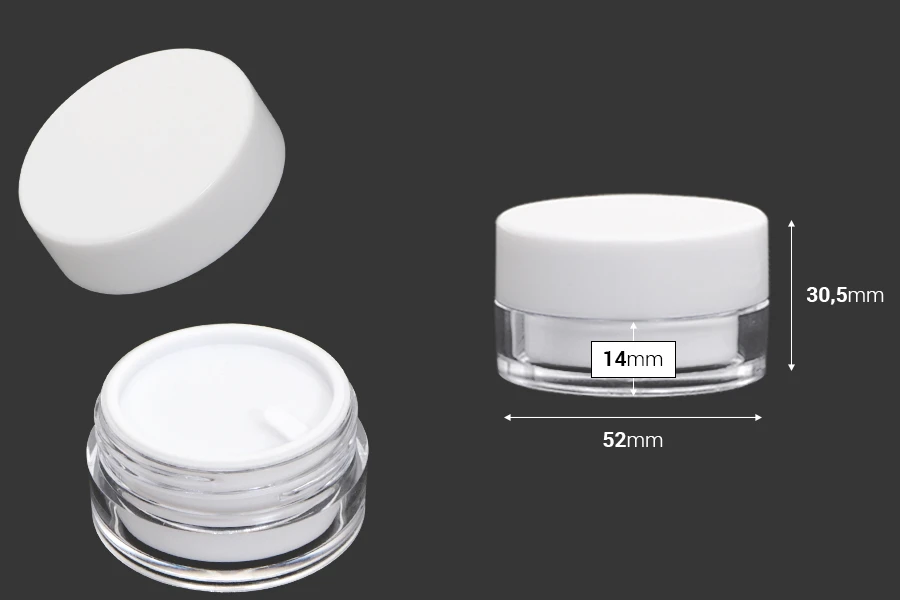 Пластмасов акрилен буркан за крем 15 мл с бяла капачка и уплътнител - 6 бр.-изображение_размери