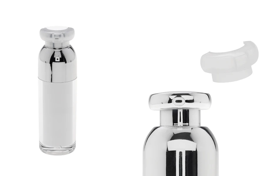 Пластмасова бутилка Airless 30 ml Акрилен ( вътрешно прозрачна и външно бяла) със помпа и капачка Пластмасова бутилка Airless 30 ml Акрилен ( вътрешно прозрачна и външно бяла) със помпа и капачка