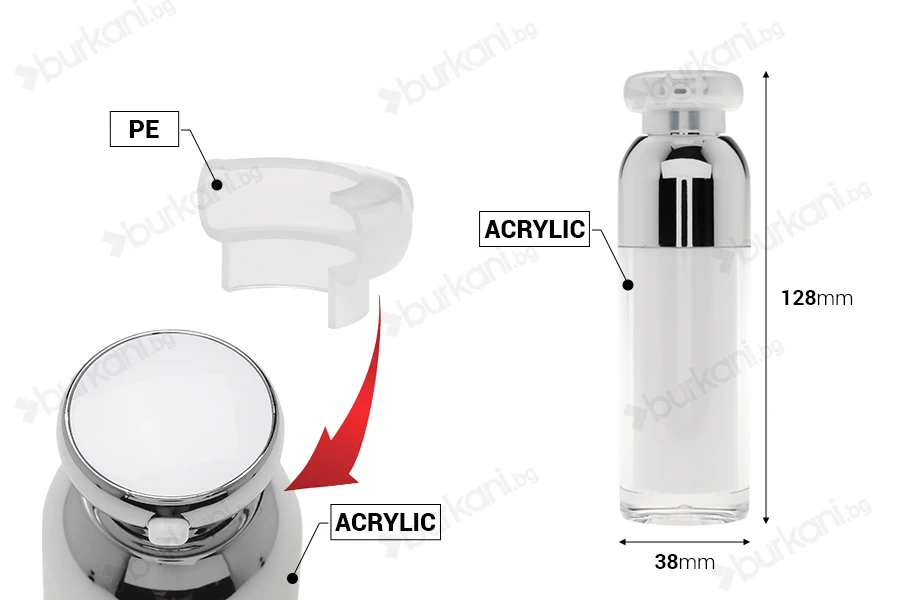 Пластмасова бутилка Airless 30 ml  Акрилен  ( вътрешно прозрачна и външно бяла) със помпа и капачка-изображение_размери