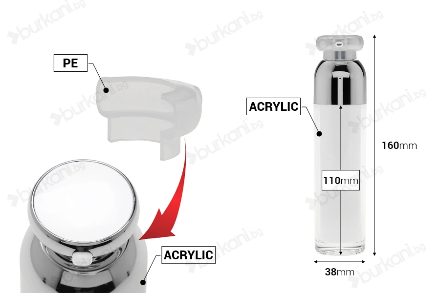 Луксозна Airless опаковка 50 мл (Прозрачна навън и бяла отвътре)  50 ml-изображение_размери