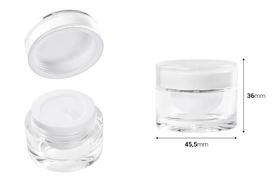 Луксозна кръгла акрилна кутийка за крем 10 мл с пластмасова  капачка и  вътрешен уплътнител - 12 бр.-изображение_размери