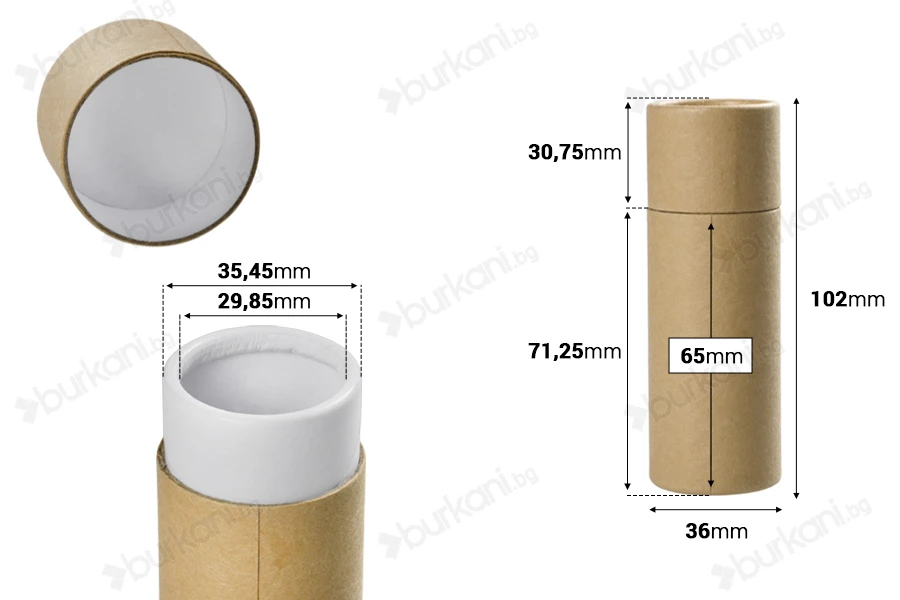 Кафява крафт  (вътрешно бяла) цилиндрична кутия с размер  36x102 mm за бутилки - 12 бр-изображение_размери