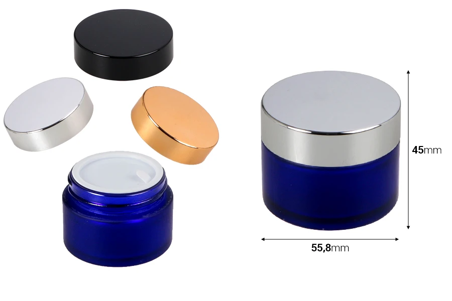 Стъклени сини матови буркани за крем 50 мл с различни цветове капачка и уплътнител-изображение_размери