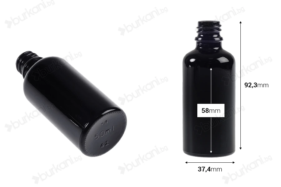 Стъклена черна бутилка за етерични масла 50 ml  PP18-изображение_размери