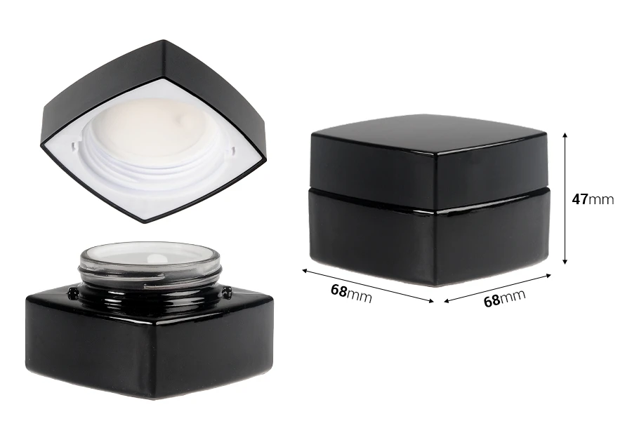 Луксозен квадратен 50мл стъклен буркан  за крем  в черен цвят с капачка и пластмасово уплътнение-изображение_размери