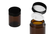 Стъклено карамелено  бурканче  за крем  100 мл с пластмасова черна капачка с уплътнител, и външен уплътнител-изображение_продукт