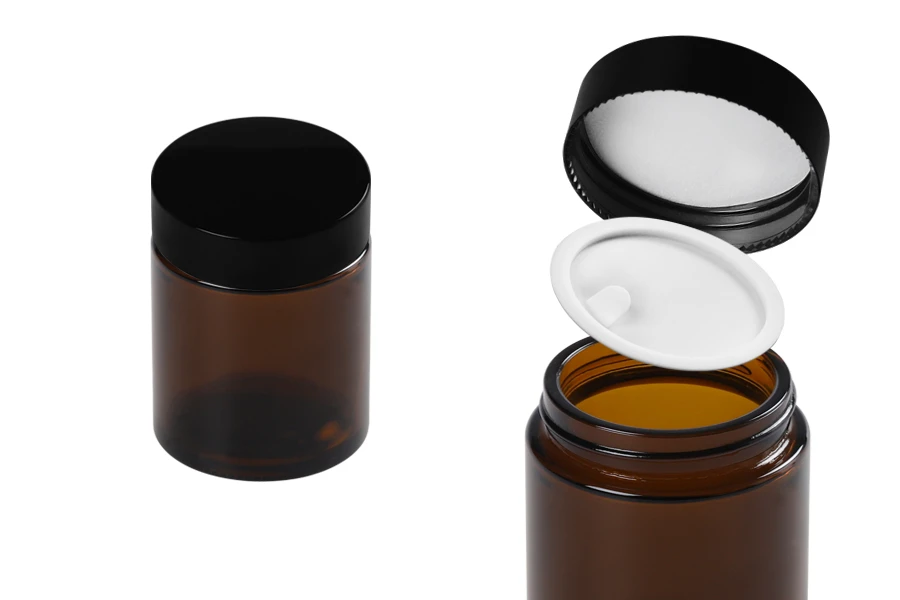 Стъклено карамелено  бурканче  за крем  100 мл с пластмасова черна капачка с уплътнител, и външен уплътнител-изображение_продукт