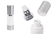 Бутилка airless 30 ml за крем ( бяло тяло, капака и основа сребро алуминиево) Бутилка airless 30 ml за крем ( бяло тяло, капака и основа сребро алуминиево)