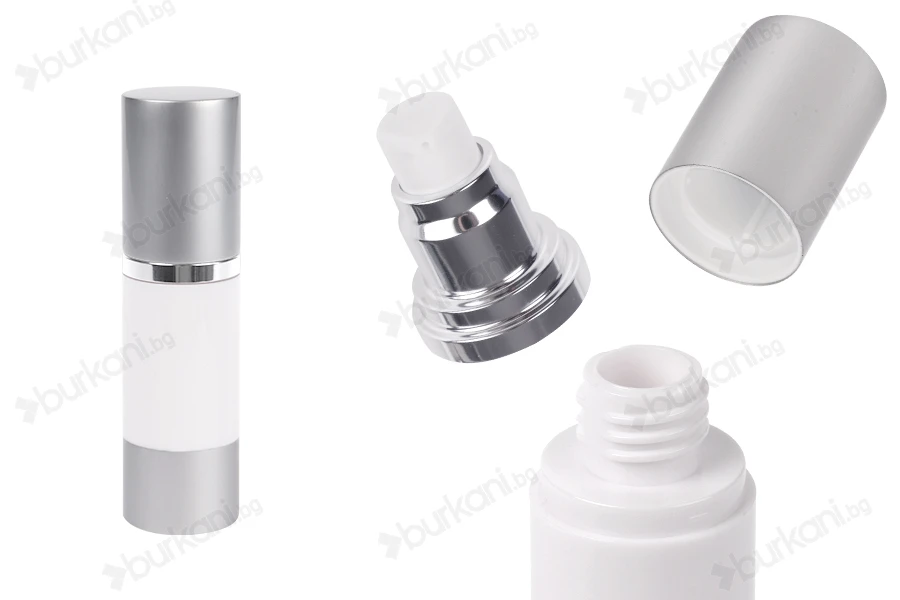 Бутилка airless 30 ml за крем ( бяло тяло, капака и основа сребро алуминиево)-изображение_продукт