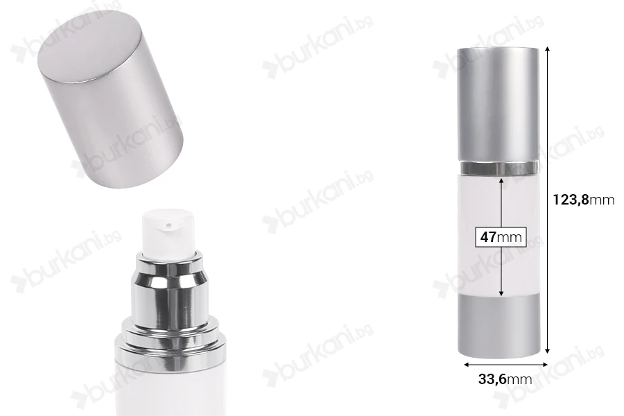 Бутилка airless 30 ml за крем ( бяло тяло, капака и основа сребро алуминиево)-изображение_размери