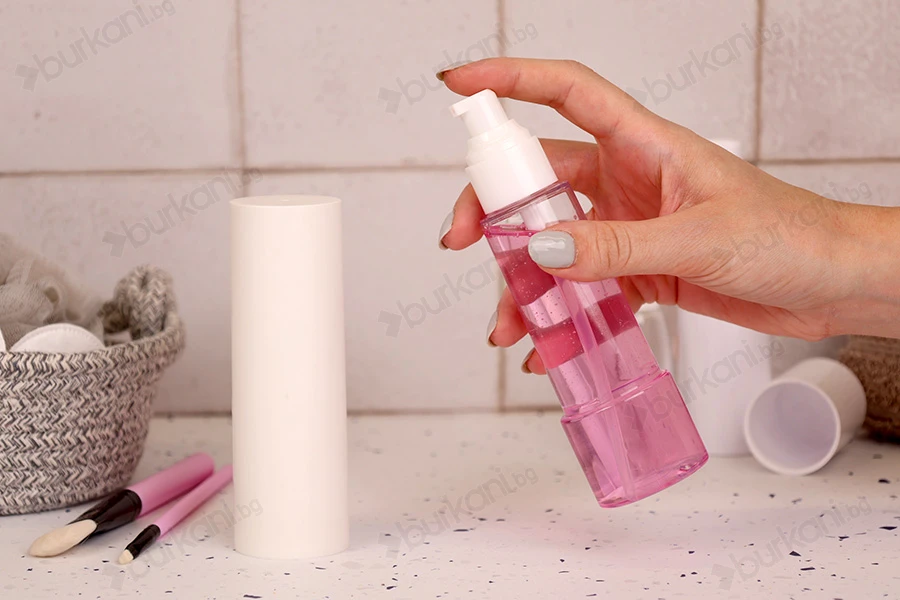 Пластмасова бутилка 100 ml прозрачна с лосион помпа и бяла капачка-изображение_група