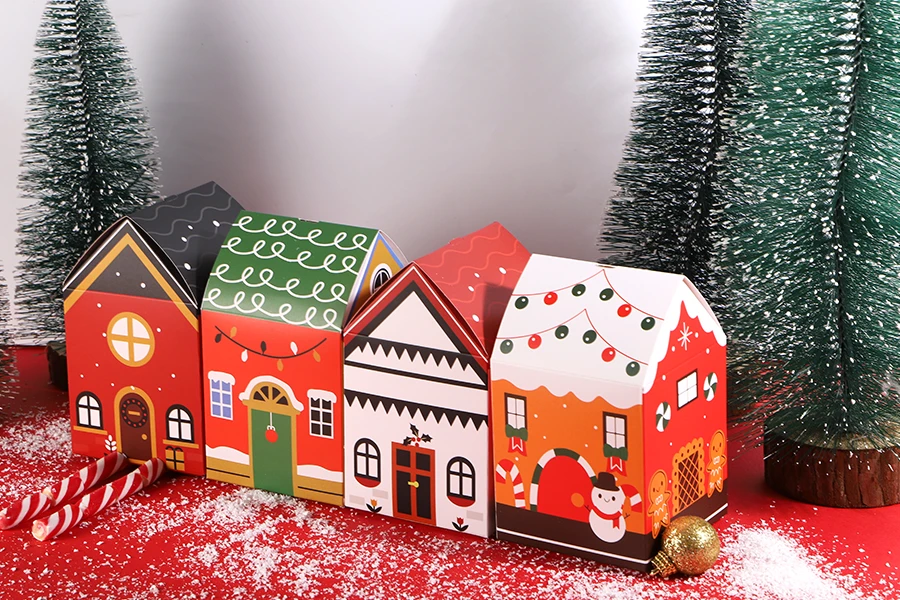 Хартиена коледна подаръчна кутия 85х85х140 мм във формата на къщичка - 10 бр.-изображение_група