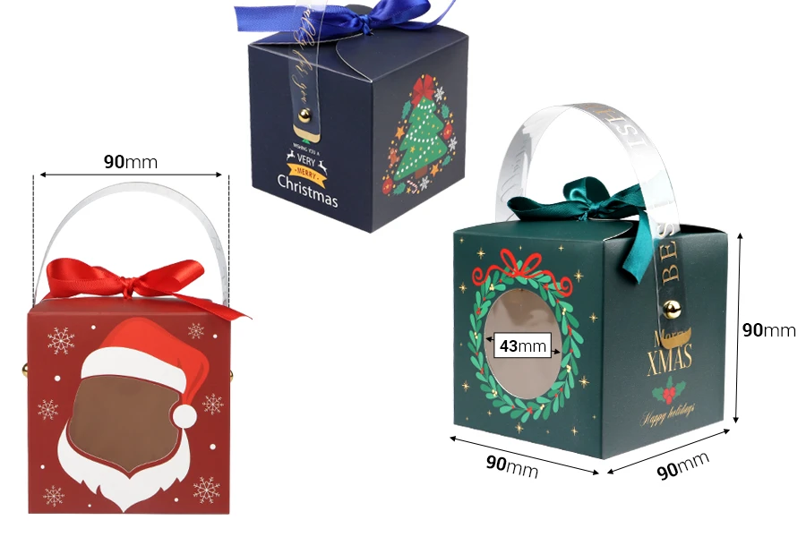 Коледна хартиена подаръчна кутия 90х90х90 мм с прозорче, дръжка и панделка - 10 бр.-изображение_размери