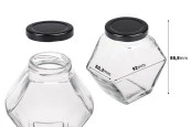 Стъклен шестоъгълен буркан 200 мл с черна капачка - 6 бр. Стъклен шестоъгълен буркан 200 мл с черна капачка - 6 бр.