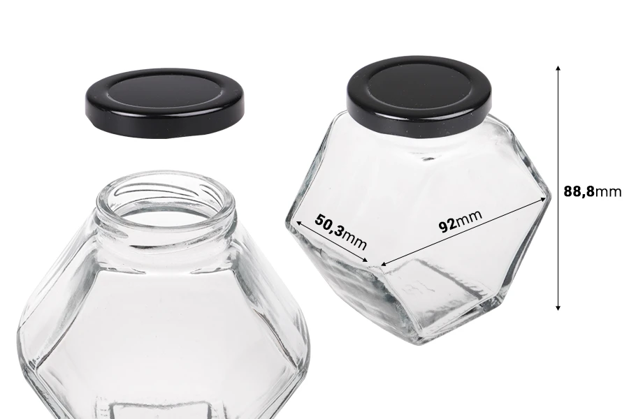 Стъклен шестоъгълен буркан 200 мл с черна капачка - 6 бр. Стъклен шестоъгълен буркан 200 мл с черна капачка - 6 бр.