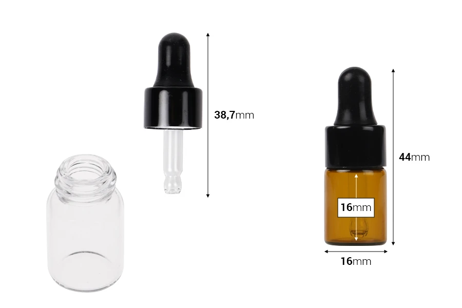 Стъклена бутилка 2 мл с капкомер - 12 бр.-изображение_размери