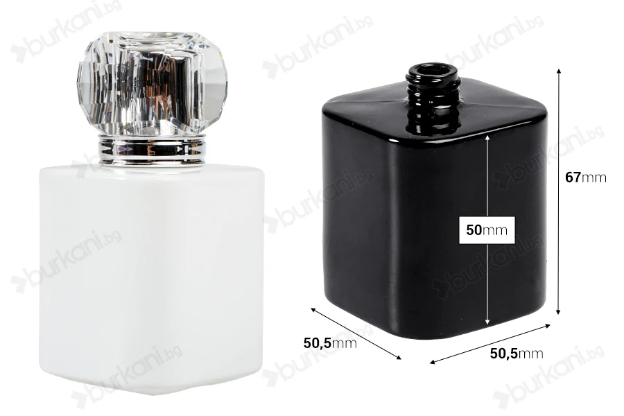 Луксозен стъклен флакон за парфюм 50 ml  с гърловина 15/400  (PP 15) в черен или бял цвят-изображение_размери