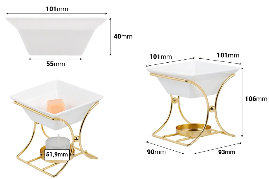 Метален аромадифузор в квадратна форма с керамичен съд за топене на масла-изображение_размери
