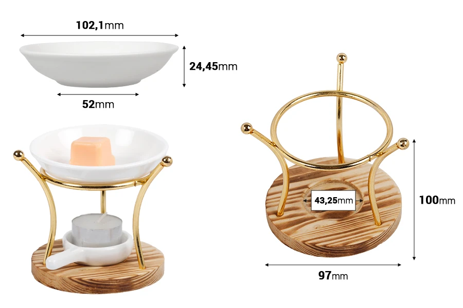 Кръгъл метален аромадифузор с дървена основа, керамична лъжица и контейнер за топене на масла-изображение_размери